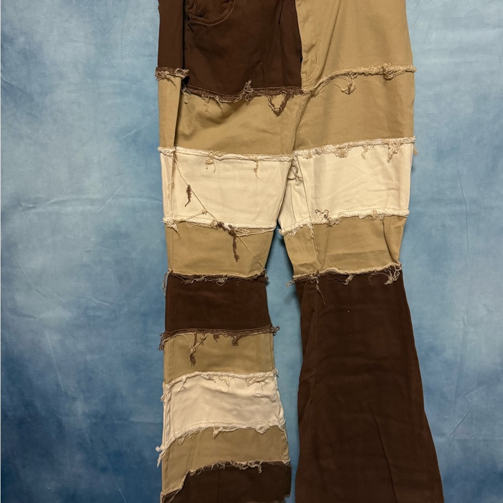 Fashion Nova Patchwork Flare Jeans - Brown and Cream